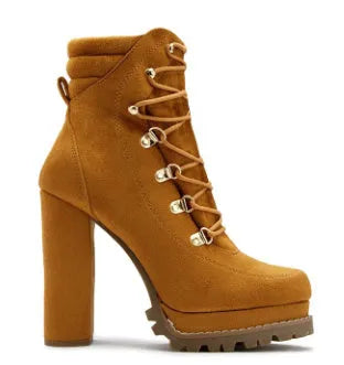 Women's suede Roman-style high heel winter boots in army green with belt buckle details and waterproof platform