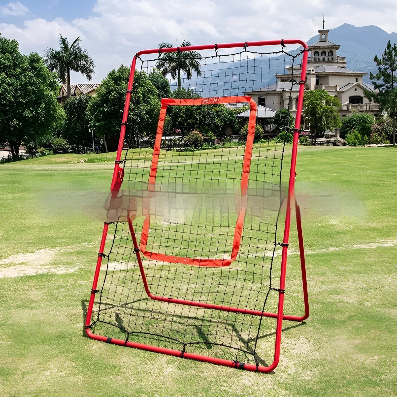 Red adjustable metal baseball training net set up for practice.