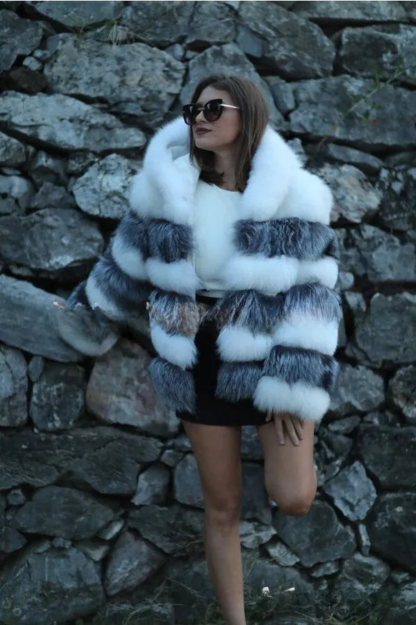 Women's artificial fur hooded coat in street fashion style, shown in brown and white silver fox colour options
