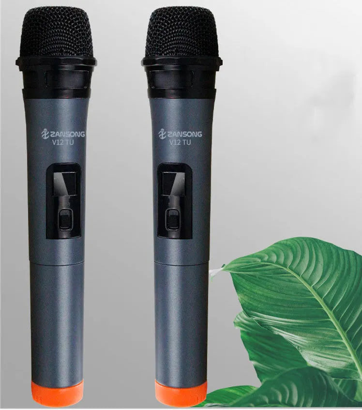 Black V12 handheld dynamic microphone with USB receiver and audio cable for computer and amplifier connection