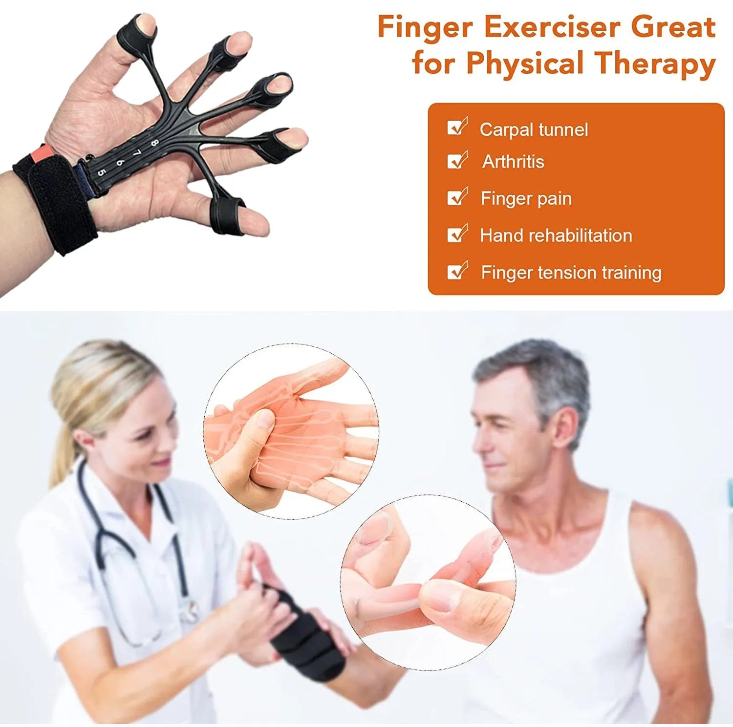 Black and grey silicone finger rehabilitation trainer with adjustable tension belts