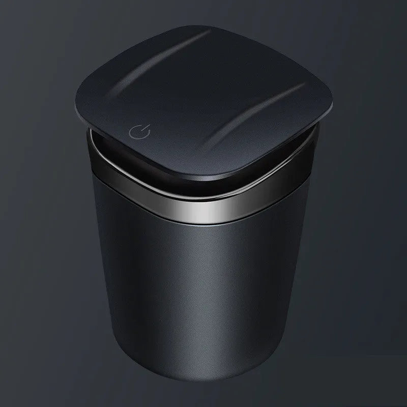 Portable metal car ashtray with automatic LED light in cool black colour, 105mm height