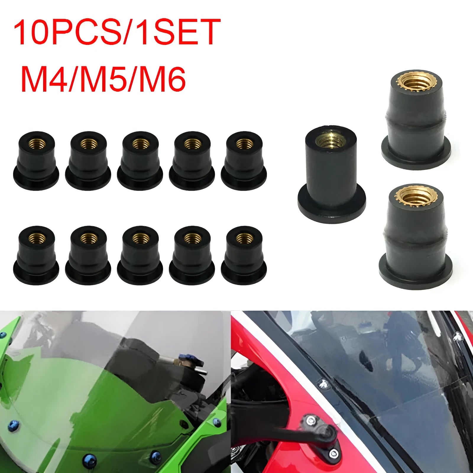 Motorcycle windshield rubber expansion nuts with brass inserts in M4 M5 M6 thread sizes