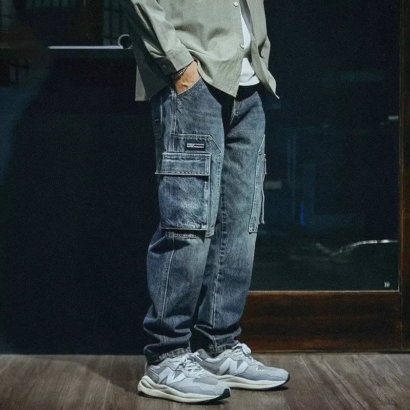 Men's blue loose straight jeans with zip fly in retro style