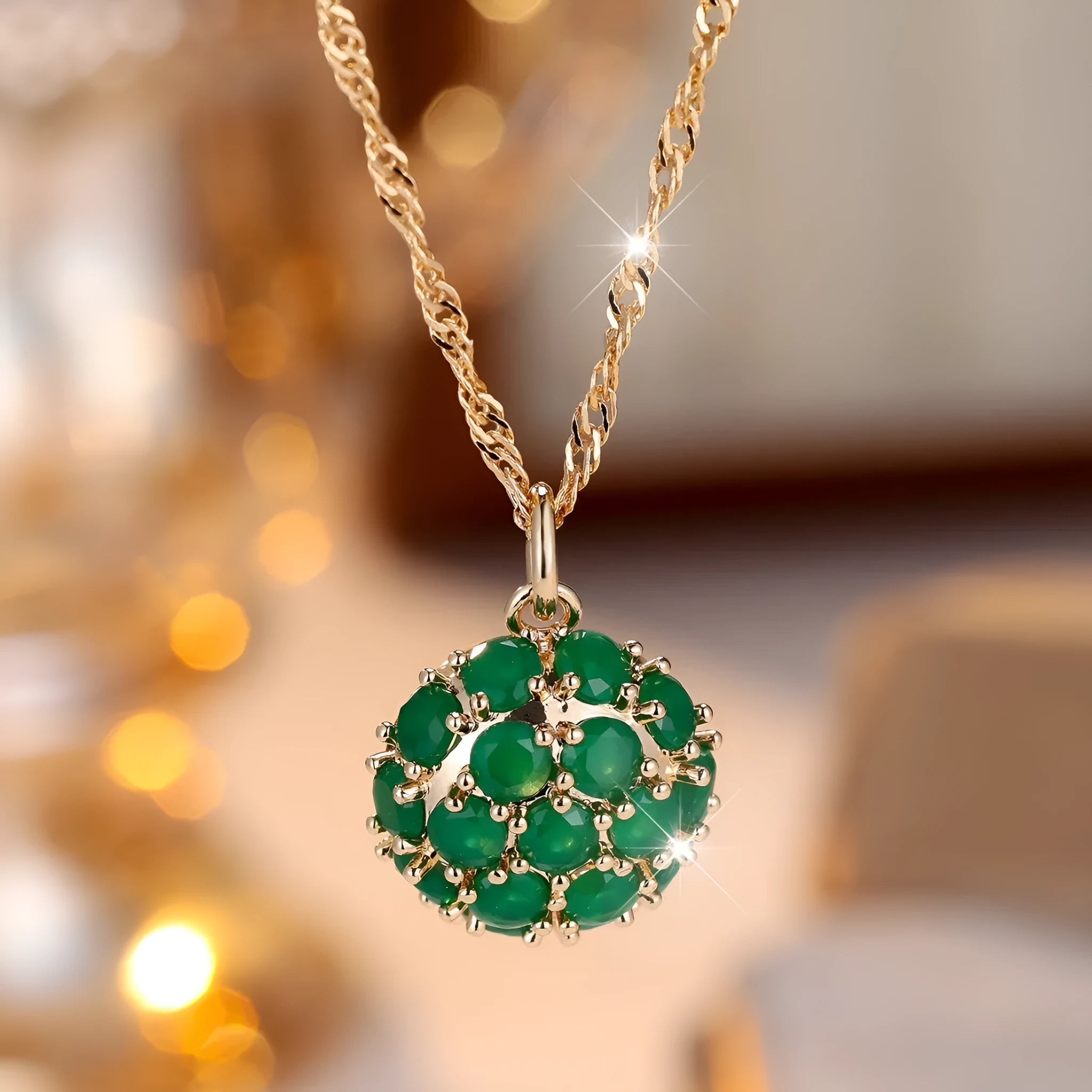 Round geometric emerald diamond necklace with adjustable chain in champagne gold electroplated finish