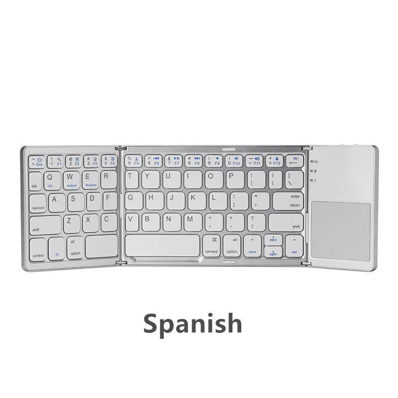 Tri-fold folding Bluetooth keyboard shown in both unfolded typing position and folded portable configuration