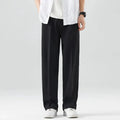 Men's loose straight ice silk casual pants in washed finish, available in apricot and black, with straight leg cut