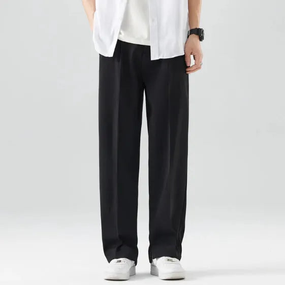 Men's loose straight ice silk casual pants in washed finish, available in apricot and black, with straight leg cut