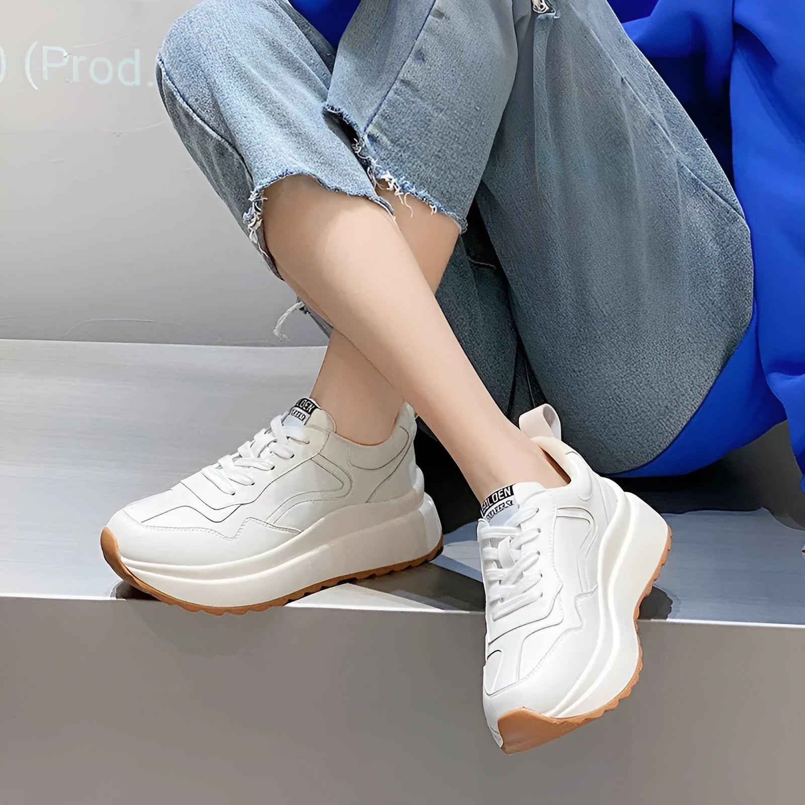 Women's beige cowhide leather casual sports shoes with mesh lining and English muffin heel