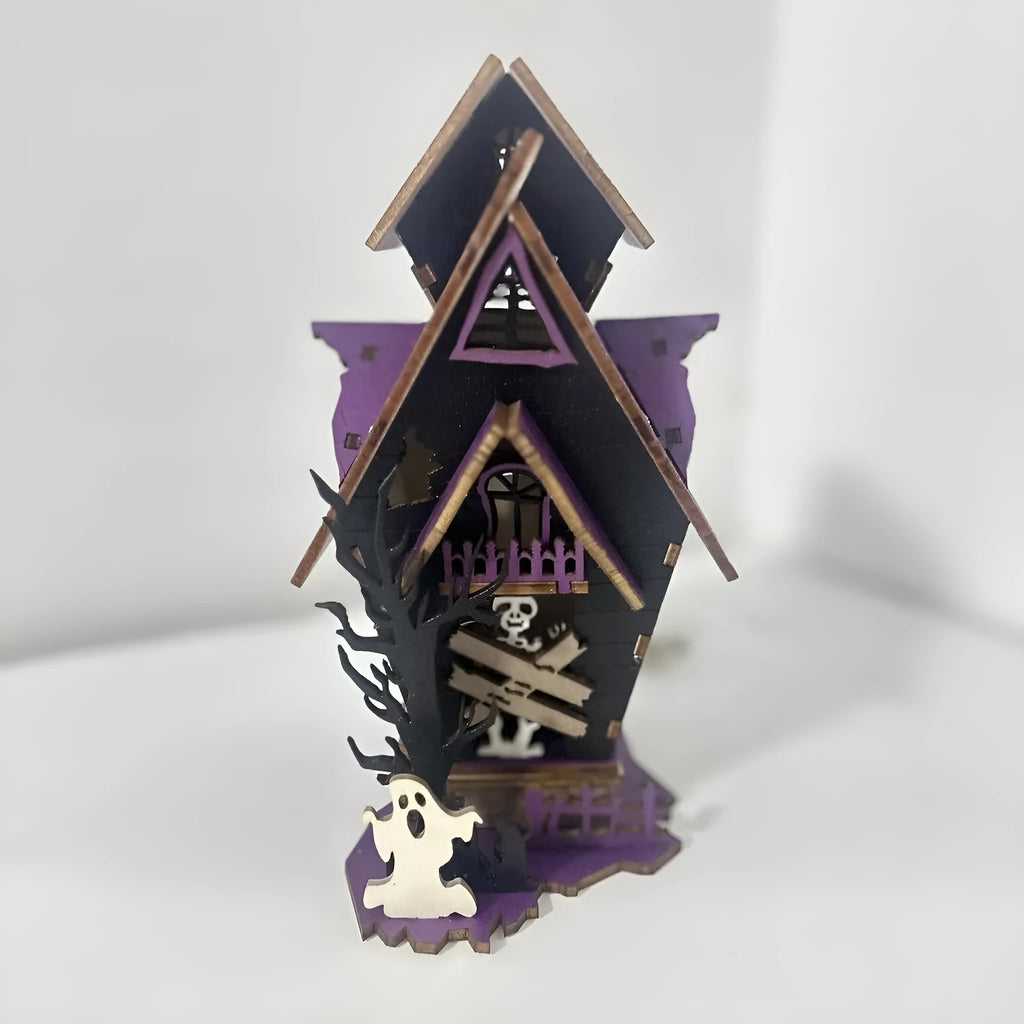 Wooden Halloween haunted house decoration with luminous paint finish, measuring 14x10.5x19cm