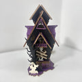 Wooden Halloween haunted house decoration with luminous paint finish, measuring 14x10.5x19cm