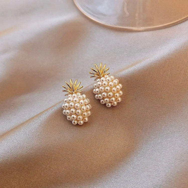 Korean style pineapple starfish pearl earrings with artificial gem inlays in gold, silver colours