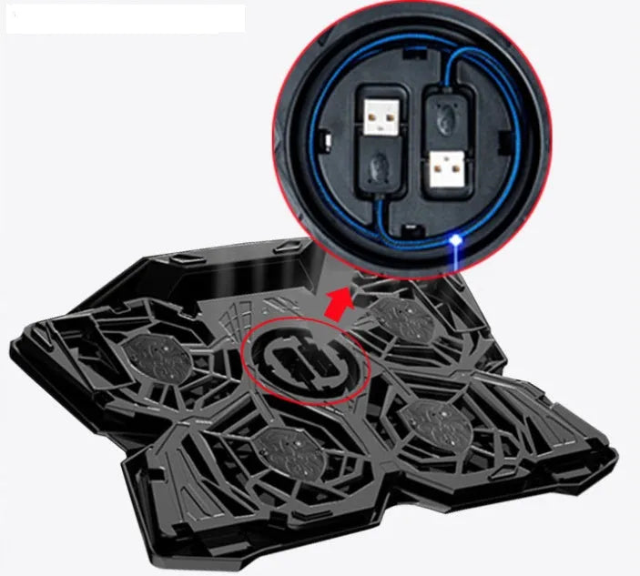 Blue laptop cooling pad with four illuminated LED fans and two USB ports on the front.