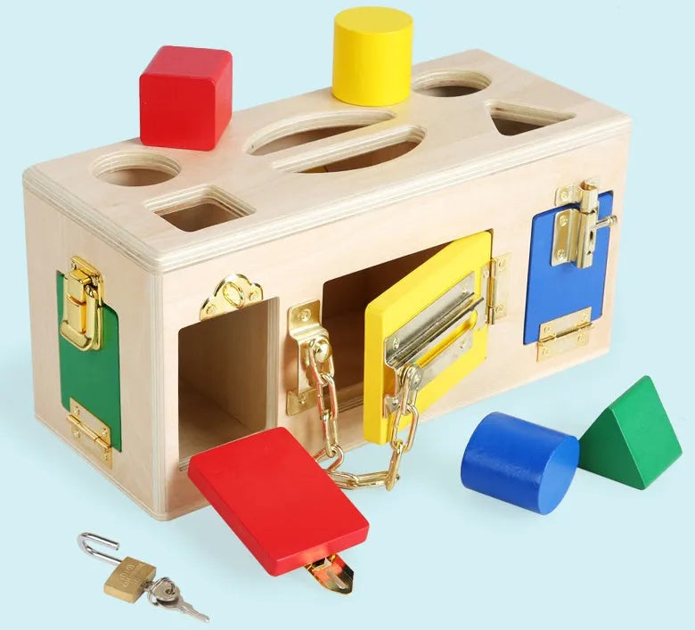 Wooden educational shape lock box preschool toy with 12 matching pieces