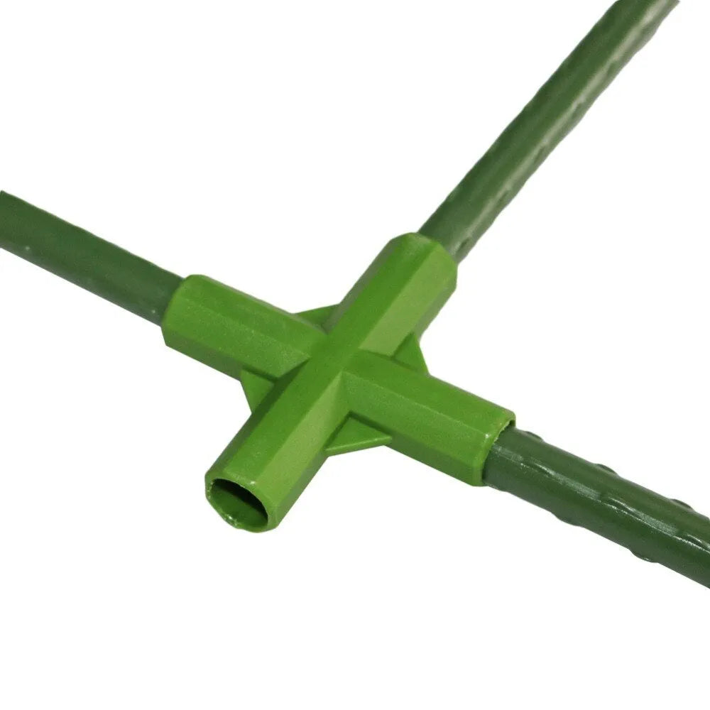 Two plastic plant support connectors with three-way and four-way joints for garden stake pillars
