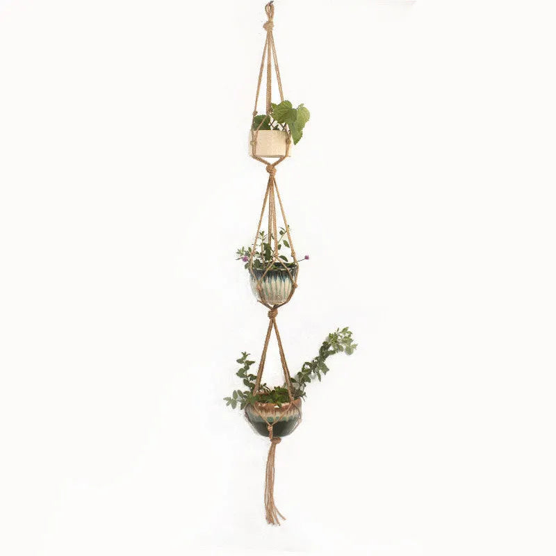 Woven wire plant hanger with cotton rope and jute twine in multiple style configurations