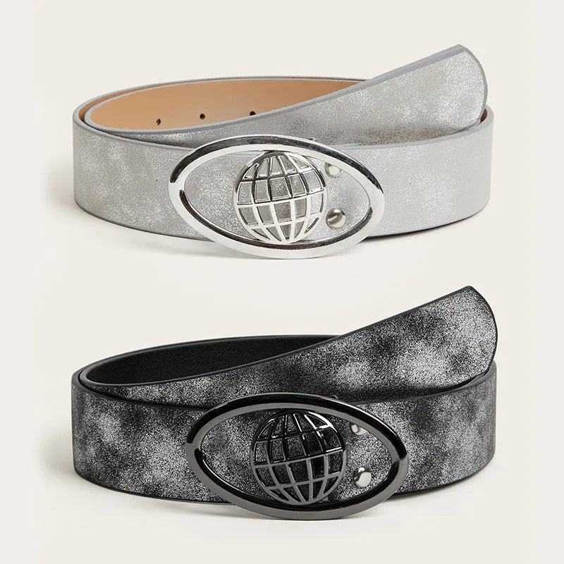Retro women's belt with oval alloy buckle and thick 4cm PU leather strap in vintage colours
