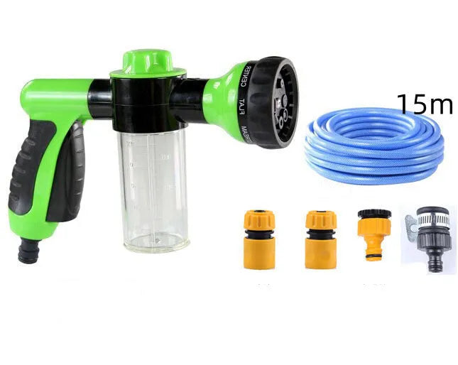 Green high pressure foam spray gun with adjustable nozzle for car washing and household cleaning.