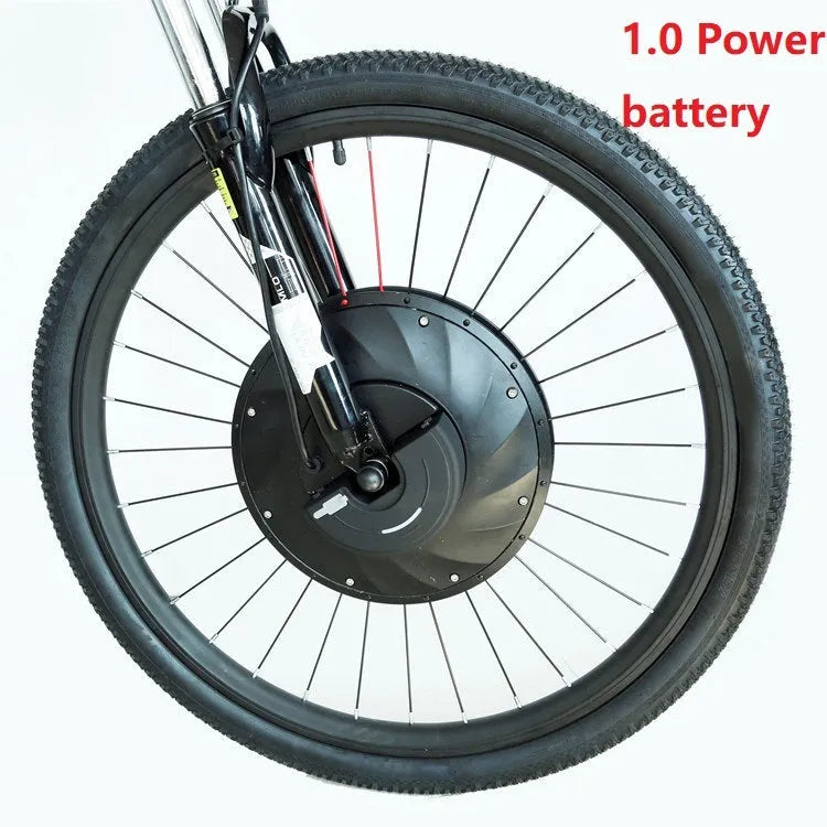 Yunzhilun electric bike conversion kit showing alloy hub motor wheel, lithium battery pack, and charger for 26-inch bicycles.