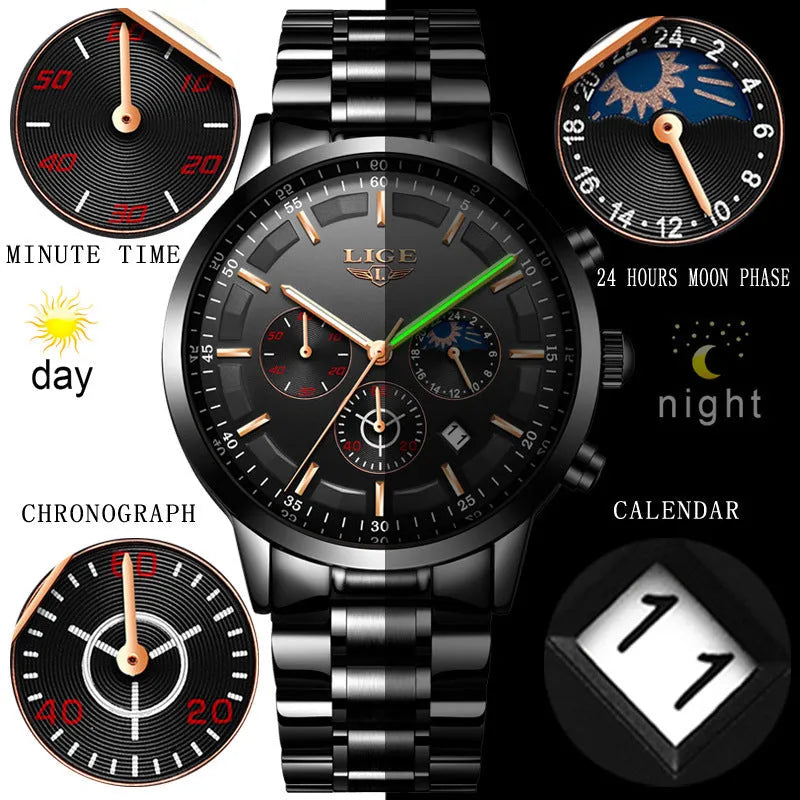 Men's black and rose gold waterproof quartz sports watch on wrist
