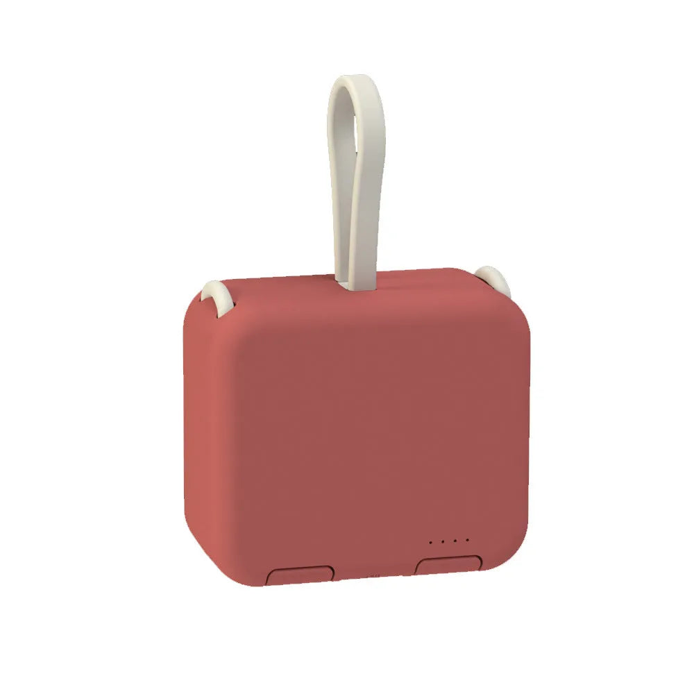 Handbag clip-on power bank with phone stand function in blue, green, red, or white.