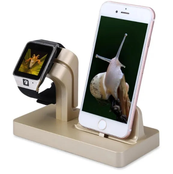 White 2-in-1 charging dock station holding an iPhone and an Apple Watch on a desk