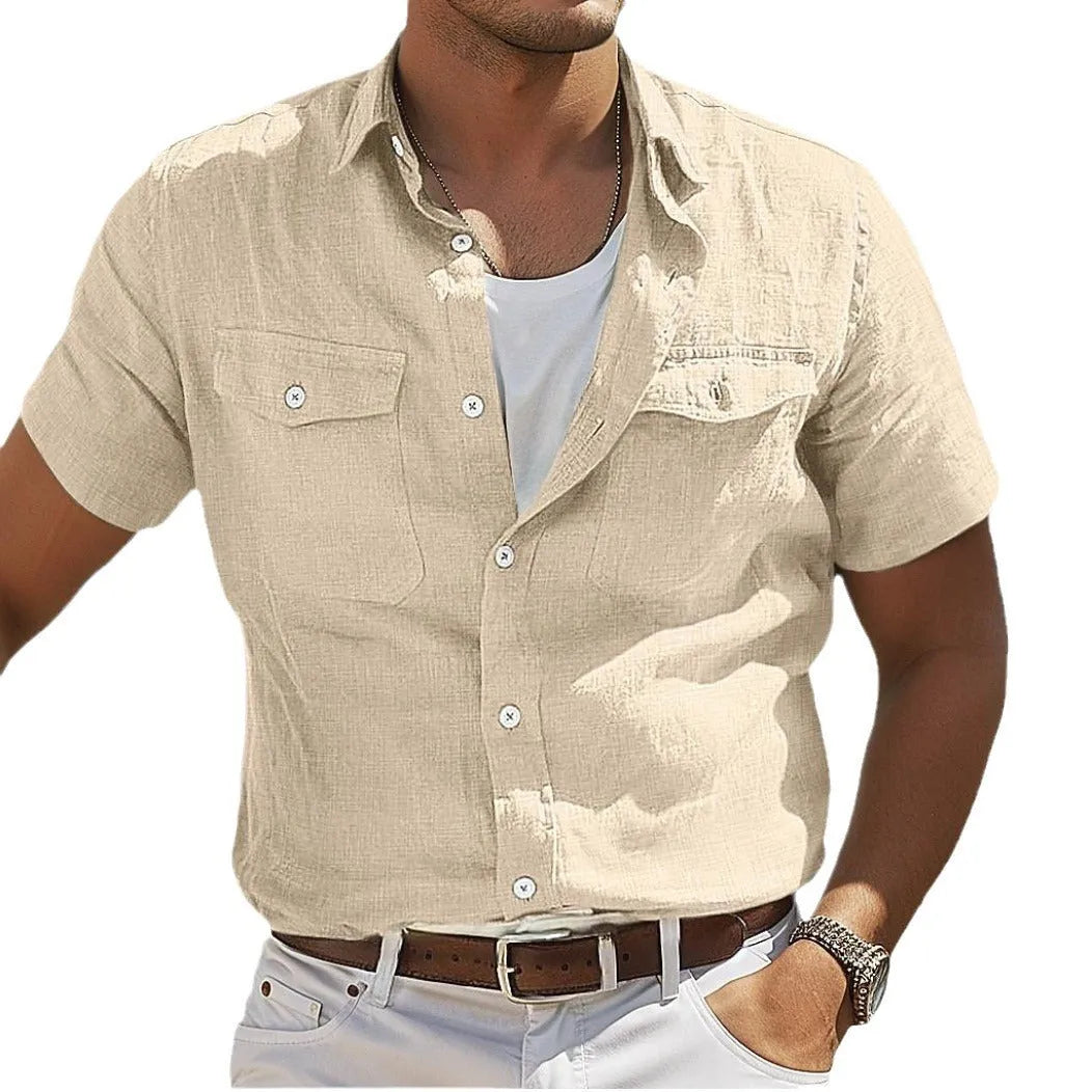 Men's grey loose-fit cotton linen shirt with polo collar and long sleeves for casual summer wear.