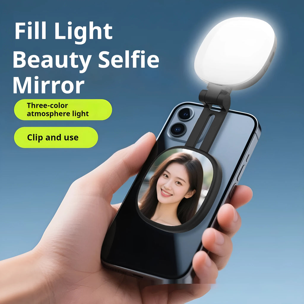 Black and white mobile phone selfie fill light with magnetic attachment and adjustable colour temperature settings
