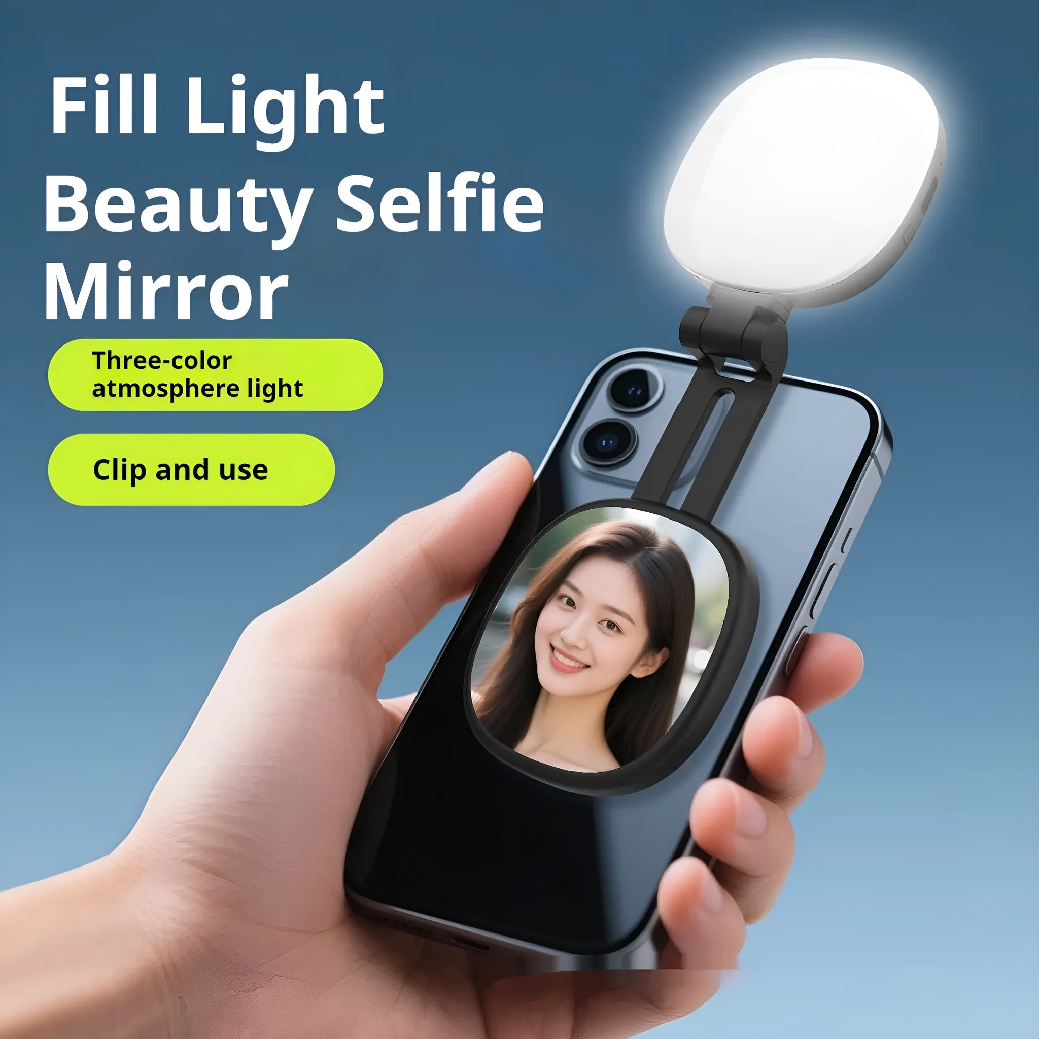 Black and white mobile phone selfie fill light with magnetic attachment and adjustable colour temperature settings