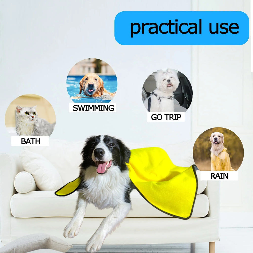 Yellow microfiber dog drying towel on hook, super absorbent for quick drying pets