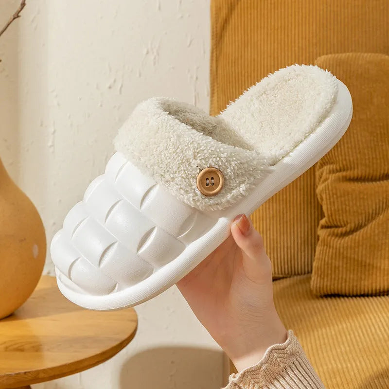 Plaid detachable slippers showing EVA construction and plush lining in pink, green, yellow, white, grey, or black.