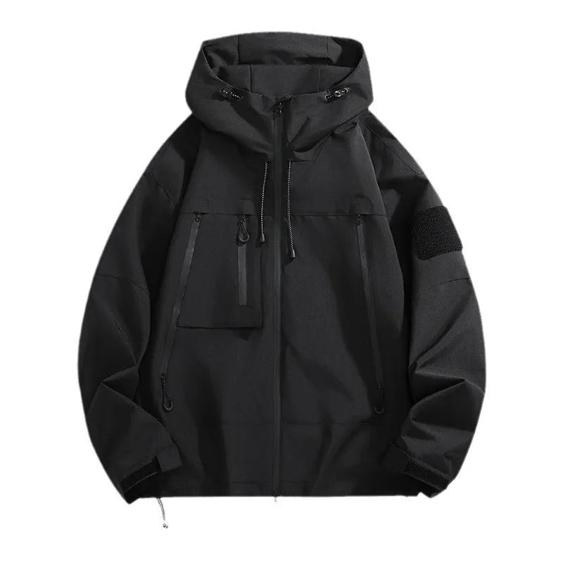 Men's casual hooded outdoor mountaineering shell jacket in polyester blend, long sleeves, multiple colours