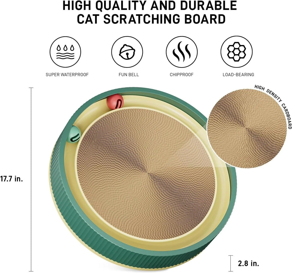 Large circular cardboard cat scratching board with integrated bell toys and refillable core