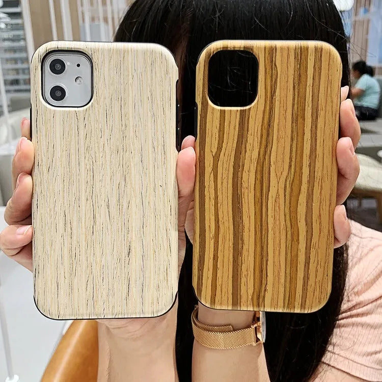Wooden iPhone back cover case in rosewood finish showing precise cutouts for camera and ports.