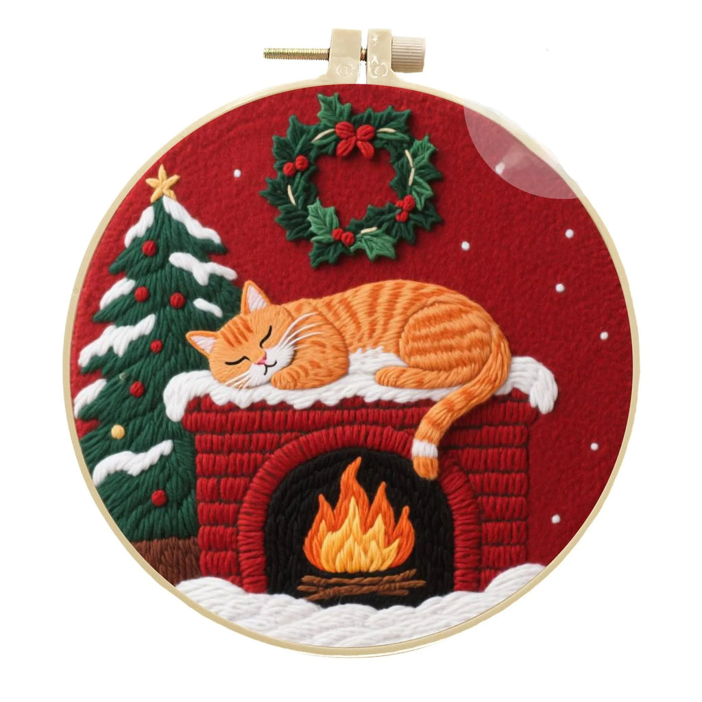 Cat embroidery DIY material package showing autumn fruit patterns on cotton linen fabric with optional bamboo frame