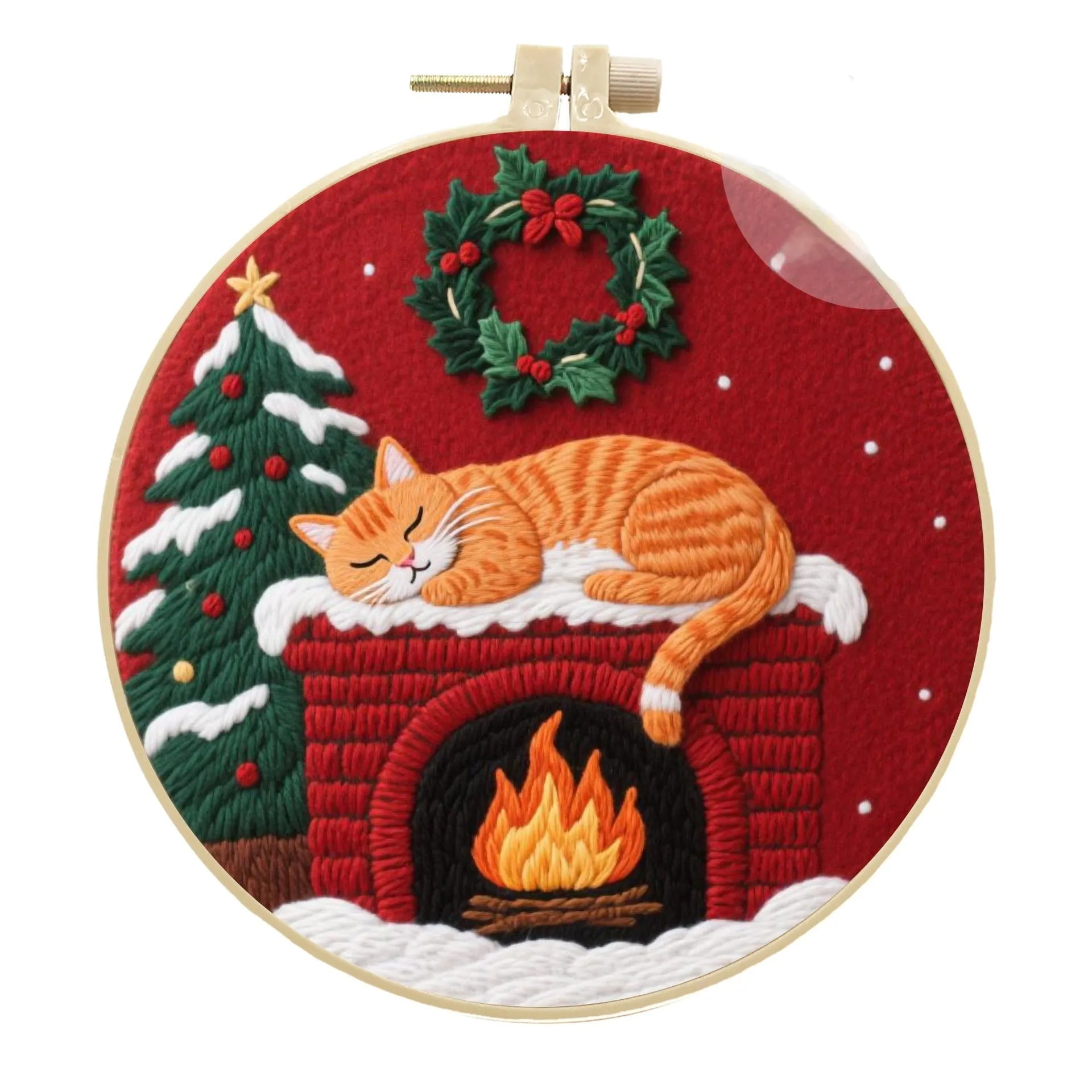 Cat embroidery DIY material package showing autumn fruit patterns on cotton linen fabric with optional bamboo frame
