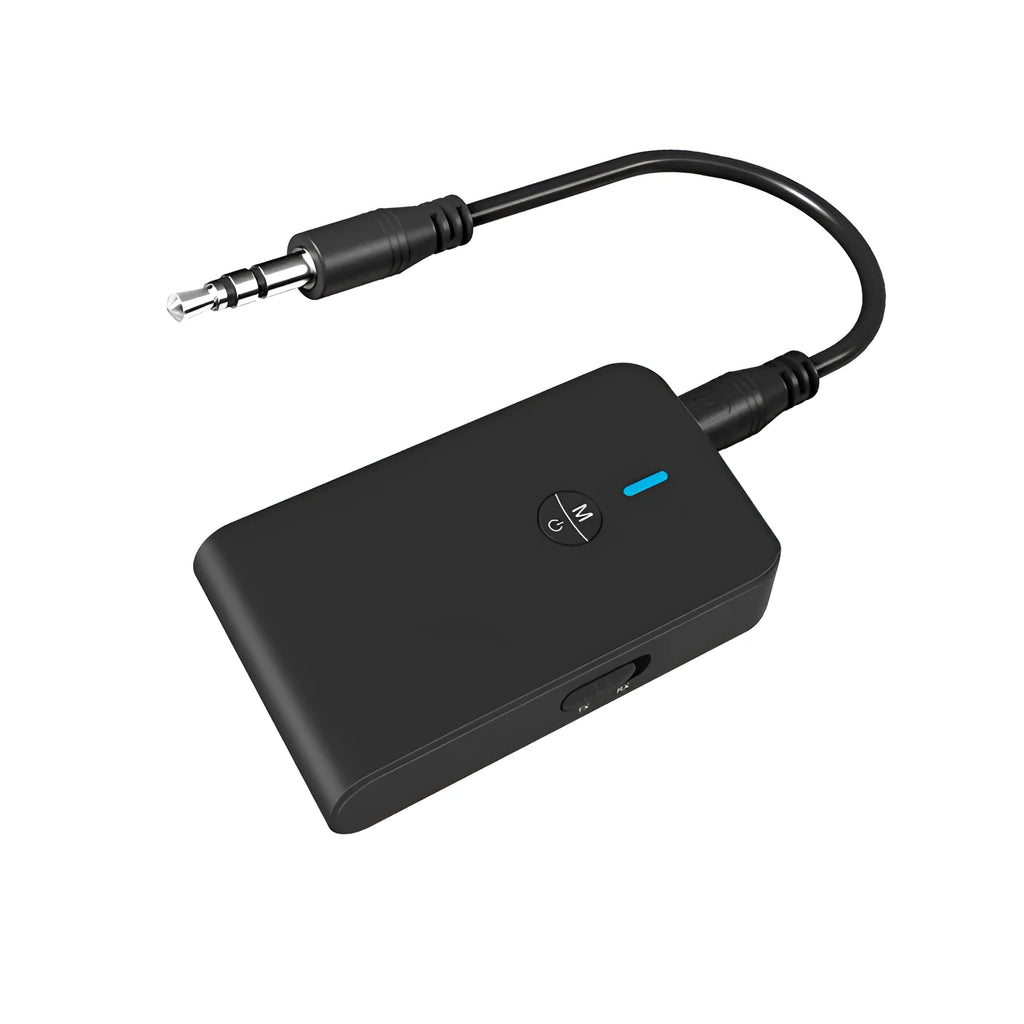 Black Bluetooth audio adapter with 3.5mm connector and external power supply