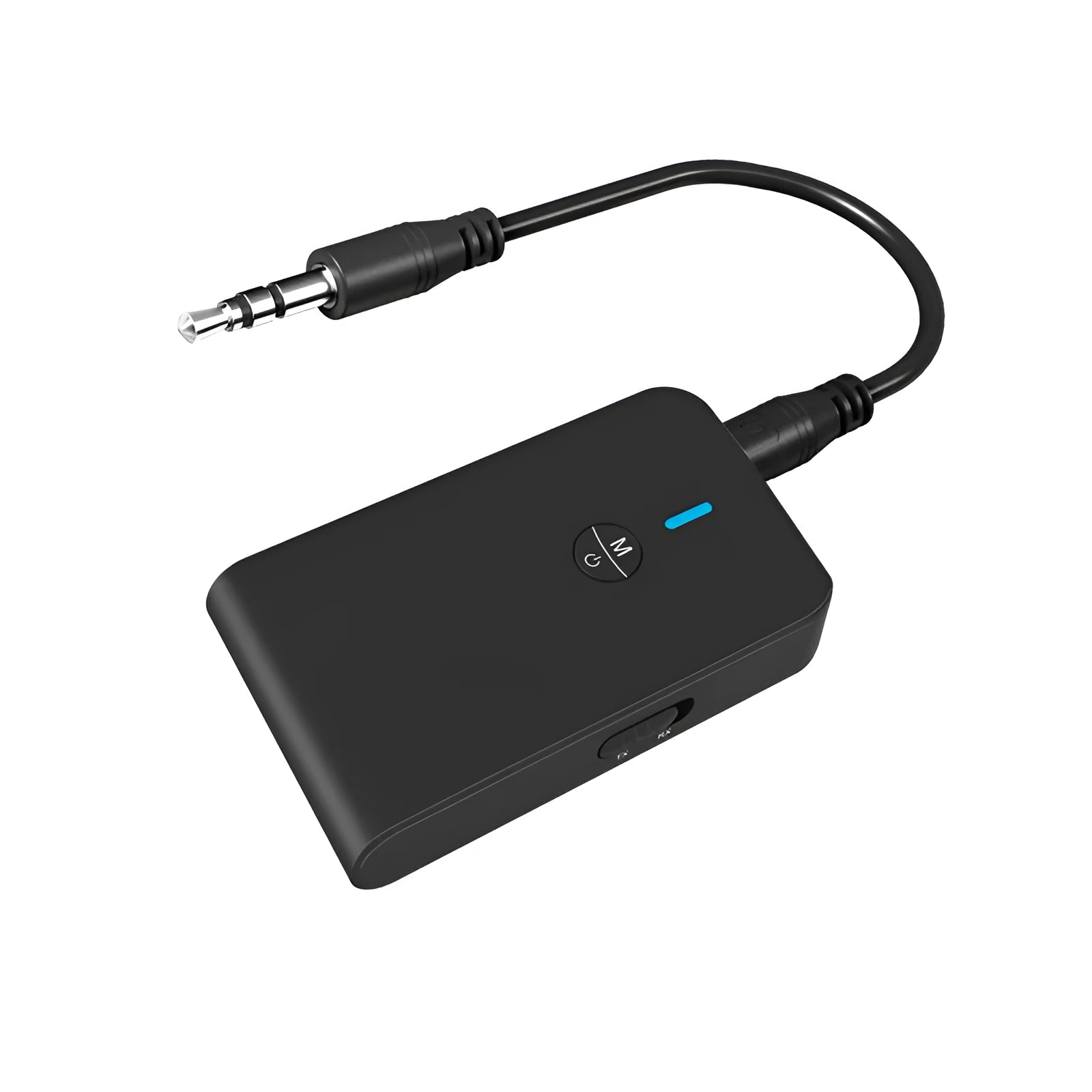 Black Bluetooth audio adapter with 3.5mm connector and external power supply