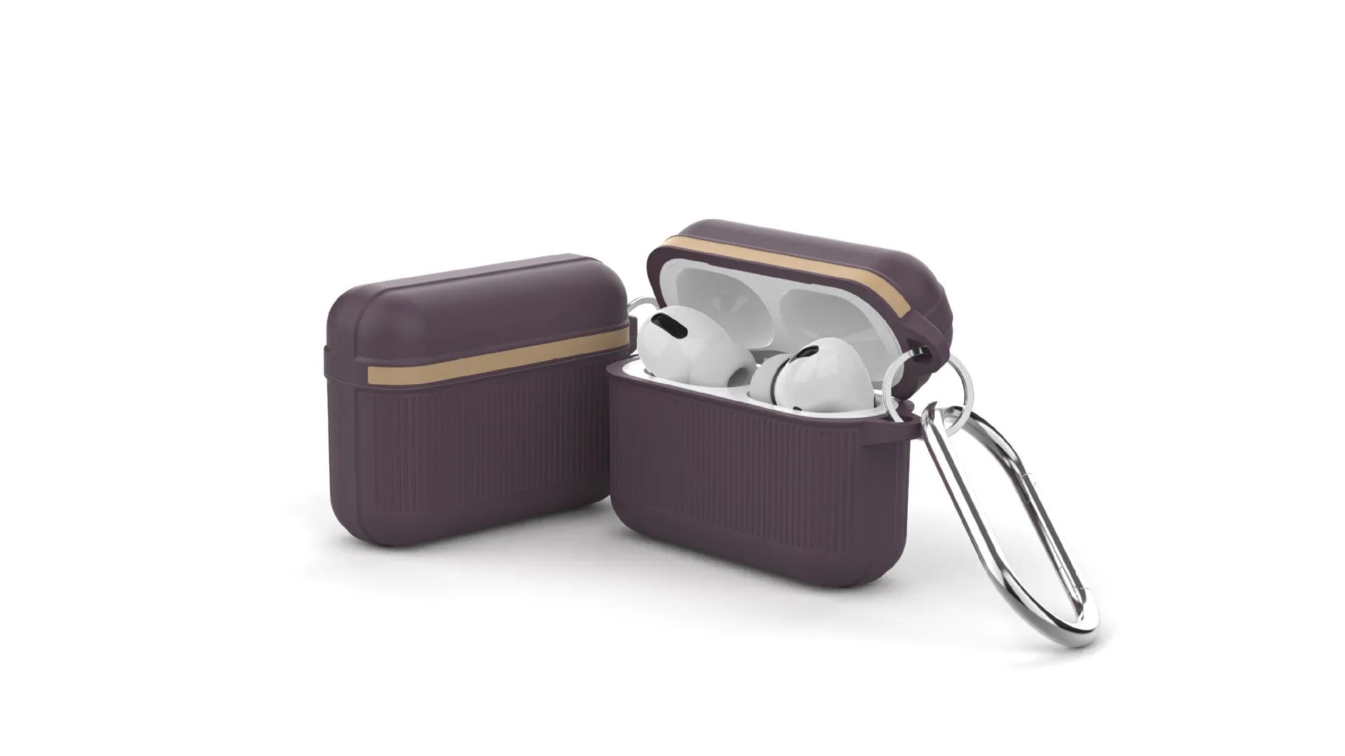 Silicone clamshell case for Apple AirPods with a metal buckle, shown in various colours.