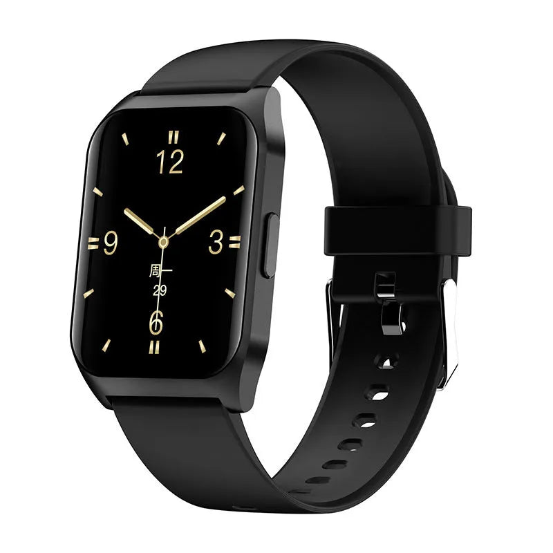Black or silver smart watch with 1.69-inch screen on a silicone strap, showing heart rate and call functions.