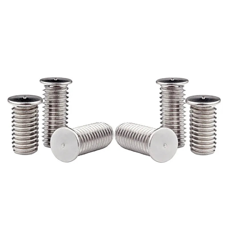 Whitened 304 stainless steel A2-70 welding screw on white background showing threads and flat head