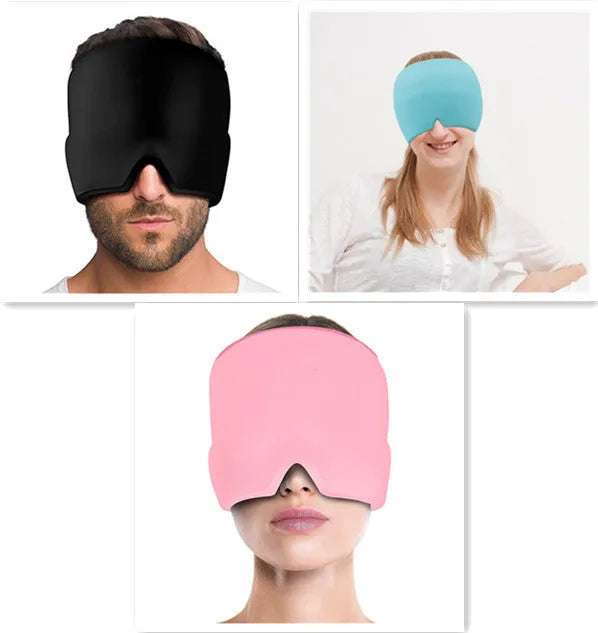 Black reusable gel ice mask for eyes and forehead on a white background