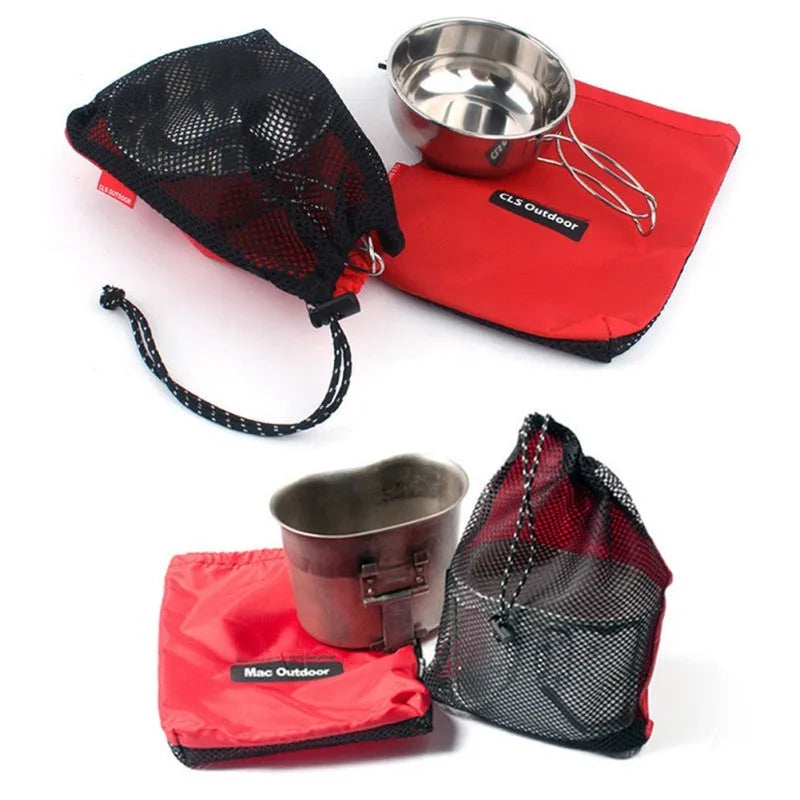 Red outdoor travel storage bag set with 5 pieces showing mesh panels and zipper closures