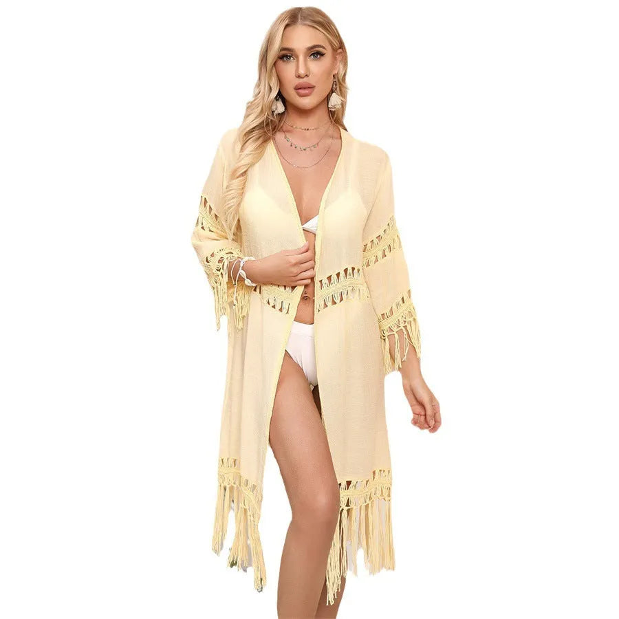Hand crocheted beach cover-up cardigan for women in yellow with tassel details