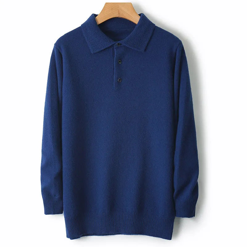 Men's grey wool pullover sweater with a polo collar and long sleeves, showing textured collage stitching.
