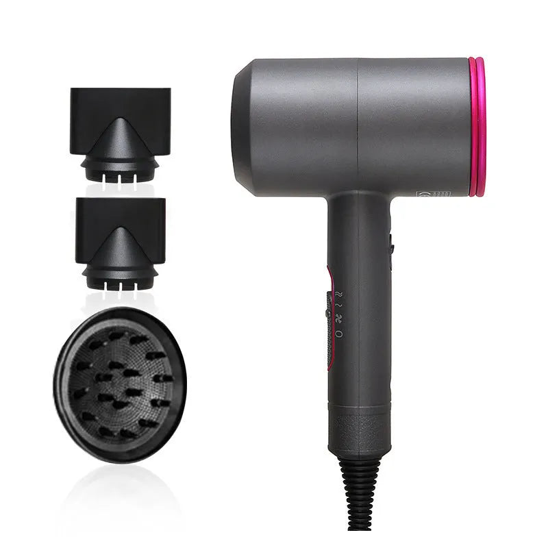 2000W hotel hair dryer with long cable in metallic black, showing UK plug