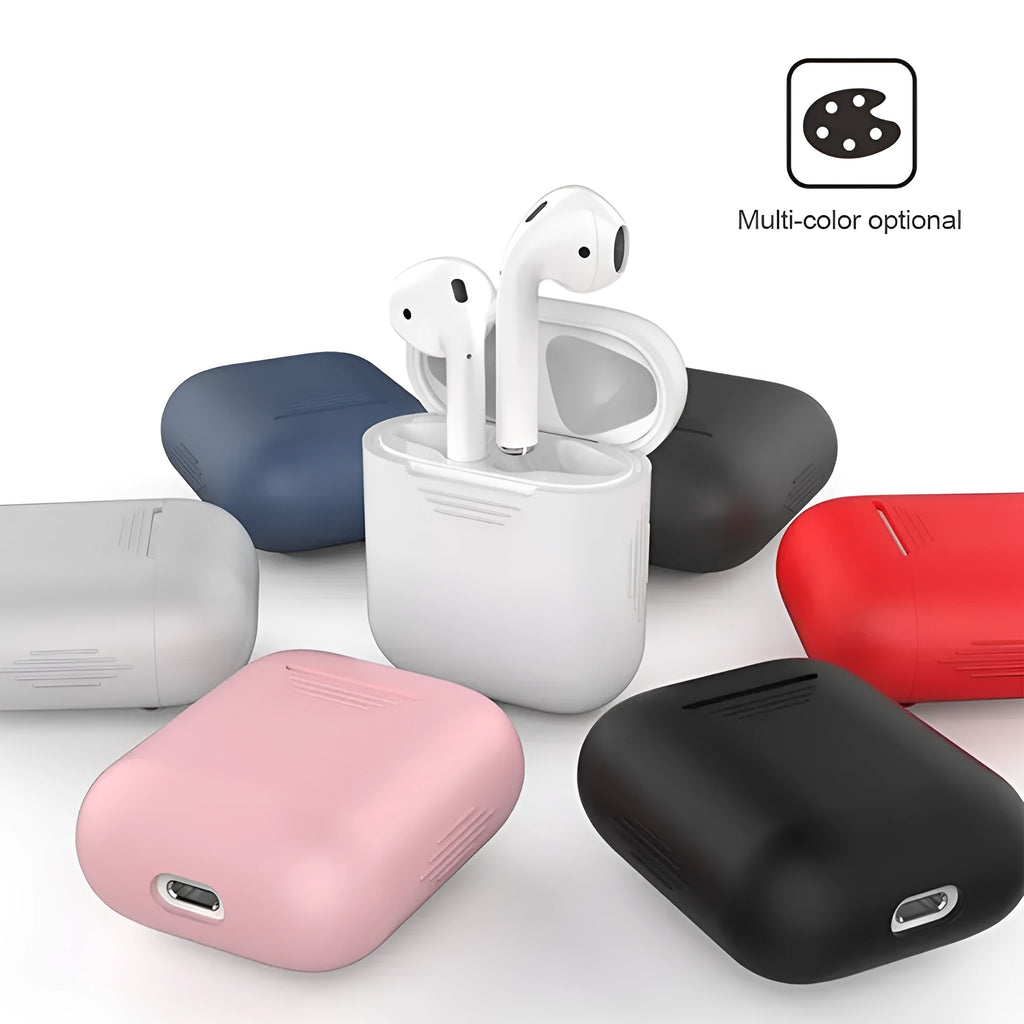 Silicone shockproof case for Apple AirPods with a black TPU antilost cable attached.
