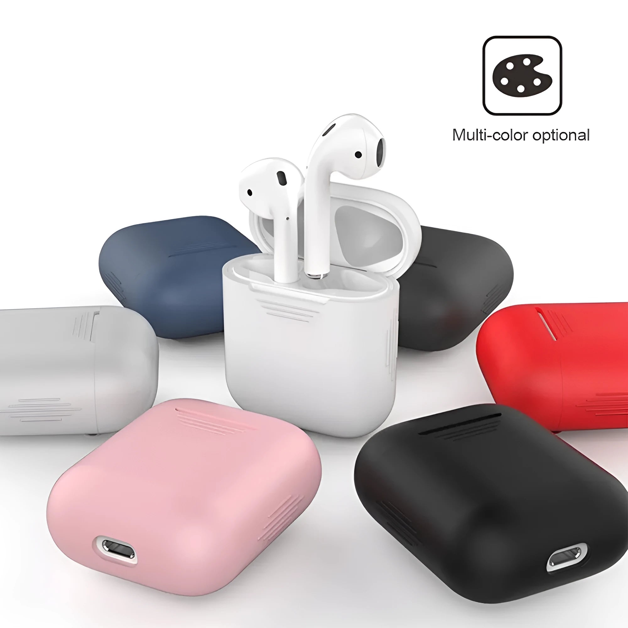 Silicone shockproof case for Apple AirPods with a black TPU antilost cable attached.