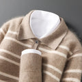Lapel pure wool striped half button pullover sweater in camel colour on a model