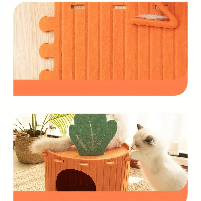 Beige felt cat tunnel nest with a semi-enclosed design and round entry hole, shown next to a measuring tape indicating its size.